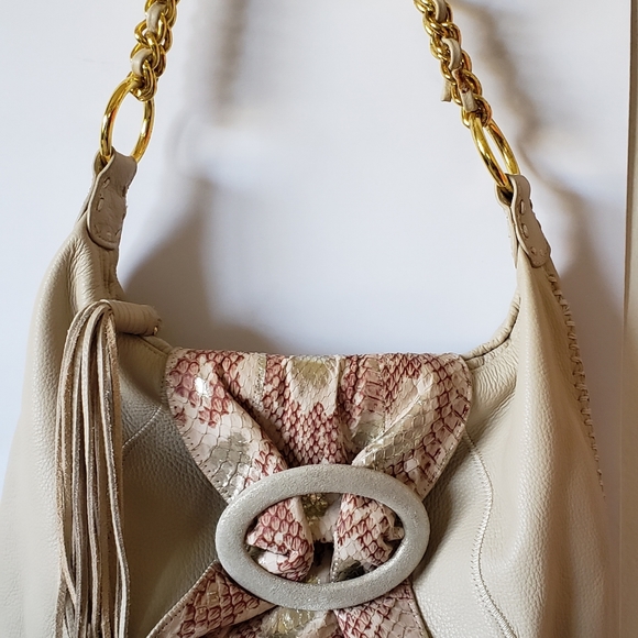 CHI Carlos Falchi Tan Leather and Snakeskin Handba - Picture 1 of 8